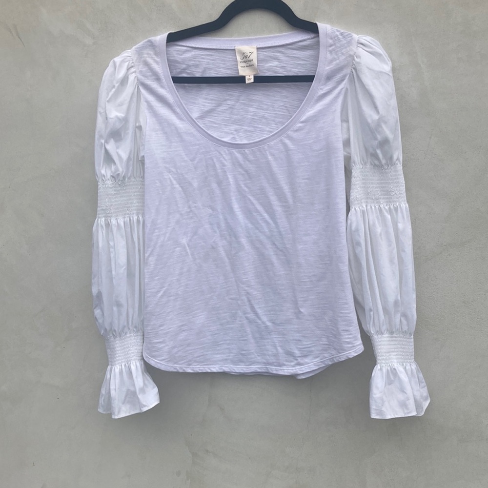 cinq a sept White Puff Sleeve Scoop Neck Blouse